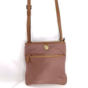 Michael Kors Brown Nylon Medium Crossbody Bag Purse Brass Logo Leather Trim